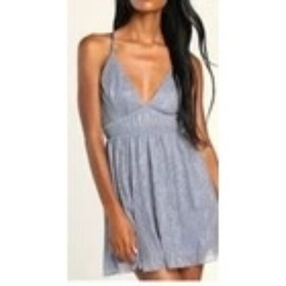 Lulu’s Make Your Acquiantance Skater Mini Dress Purple Metallic V Neck XS NWT - Picture 1 of 5